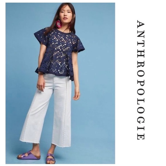 Anthropologie Eri + Ali Remy Navy Eyelet Lace Peplum Top- Size Small - Picture 14 of 14